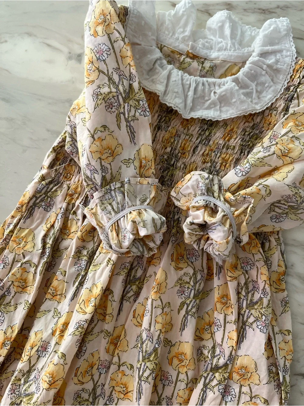Smocked Yellow Floral Baby Romper with White Ruffle Collar